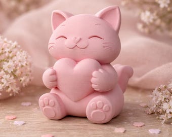 Kawaii Cat Holding Heart – Valentine’s Day Decor – 3D Printed Gift – Cute Cat Figurine – Romantic Home Decoration – Handmade