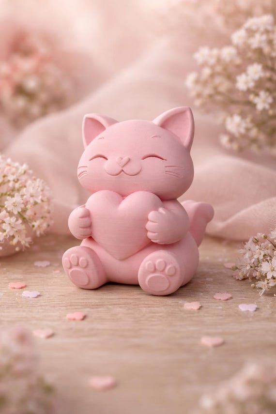 Kawaii Katze mit Herz, 3D-gedruckt, Rosa, 4,5 × 6,5 cm