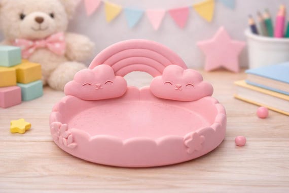 Regenbogen Wolken Teller für Kinder – 3D gedruckte Kinderdeko – Spielschale – Pastell Deko – Geschenk für Kinderzimmer T 9,3 x B 9,9 x H 4,8
