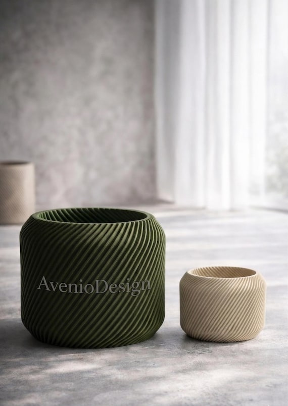 Plant pot set of 2, green and beige, made of PLA, ribbed 3D printed plant pots