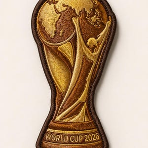 May include: Embroidered patch featuring the World Cup 2026 trophy. The design includes a globe and a figure holding the trophy, with the text "WORLD CUP 2026" at the base. The patch has a brown border and gold and brown colors.