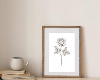 Minimalist Rose Wall Art, Botanical Print, Flower Line Drawing, Digital Download, Printable Art, Feminine Home Decor