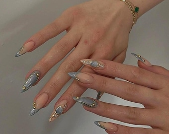 Blue cateye french tip and gold chrome design luxury elegant Press On Nails