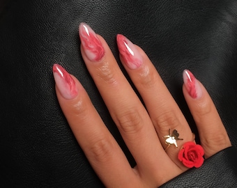 Red pink marble Design luxury elegant Press On Nails