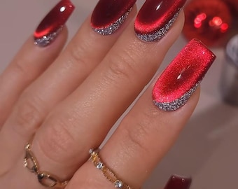 Red cateye silver glitter design luxury elegant Press On Nails