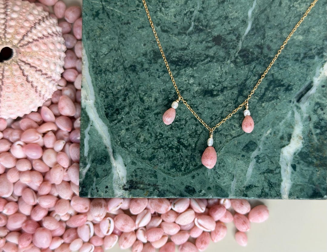 Pink Cowrie Shell Necklace With Freshwater Pearls, Sterling Silver, 14k ...