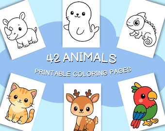 Tiere Ausmalbilder für Kinder – 42 Seiten PDF zum Ausdrucken Sofort-Download Farbinspiration Muster Malbuch Printable Einfache Motive