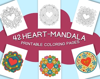 Heart Mandala Coloring Pages for Kids – 42 Pages PDF Instant Download Color Inspiration Pattern Coloring Book Printable Simple Designs