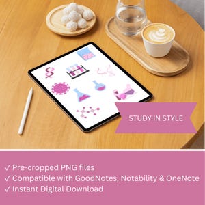 May include: A digital tablet displays science-themed graphics in pink and blue, including beakers and molecular structures. A white stylus rests beside the tablet. The image includes the text "STUDY IN STYLE".