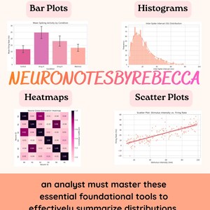 May include: An educational infographic titled Graphs and Visualizations introduction featuring four charts: a bar plot, a histogram, a heatmap, and a scatter plot. The text NEURONOTESBYREBECCA appears in the center, with descriptive text at the bottom.