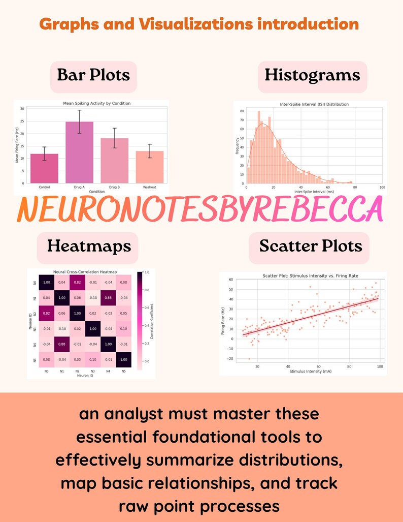 May include: An educational infographic titled Graphs and Visualizations introduction featuring four charts: a bar plot, a histogram, a heatmap, and a scatter plot. The text NEURONOTESBYREBECCA appears in the center, with descriptive text at the bottom.