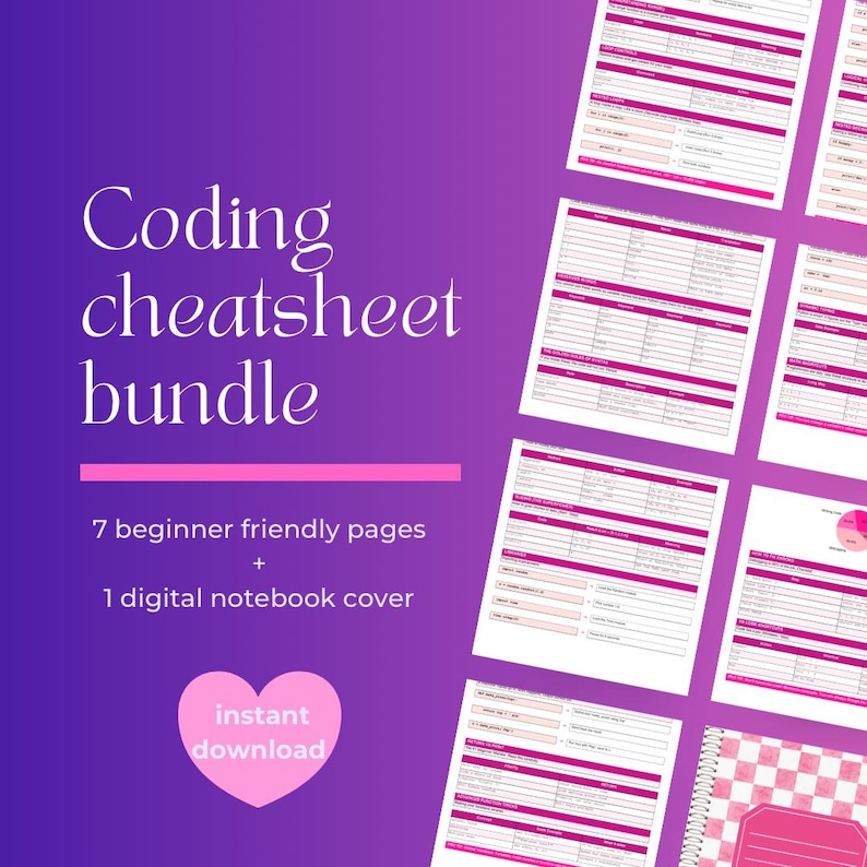 K&ouml;nnte beinhalten: Ein digitales Coding-Cheat-Sheet-Bundle mit einem lila-rosa Farbverlauf im Hintergrund. Der Text lautet "Coding Cheatsheet Bundle" und enth&auml;lt "7 anf&auml;ngerfreundliche Seiten + 1 digitale Notizbuch-Abdeckung". Eine rosa Herzgrafik zeigt "sofortiger Download".