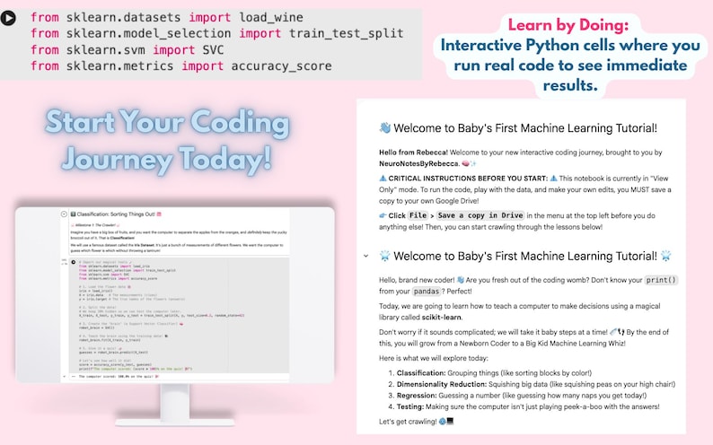 K&ouml;nnte beinhalten: Ein Computermonitor zeigt Code-Ausschnitte und den Text "Start Your Coding Journey Today!" und "Learn by Doing: Interactive Python cells where you run real code to see immediate results." Der Bildschirm zeigt auch ein Tutorial mit dem Titel "Welcome to Baby's First Machine Learning Tutorial!"