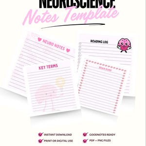 Può includere: Un modello di note di neuroscienze rosa e bianco con il testo "NEUROSCIENCE Notes Template". Il modello include pagine per "Neuro Notes", "Key Terms", "Reading Log" e "Brain Dump". Include download immediato, uso stampato o digitale, pronto per GoodNotes e file PDF + PNG.