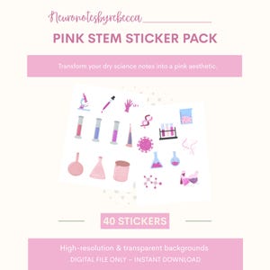 May include: A sheet of pink STEM-themed stickers featuring laboratory equipment illustrations. The stickers include beakers, test tubes, and a microscope. The text "PINK STEM STICKER PACK" is at the top, with "40 STICKERS" at the bottom.