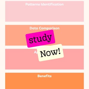 May include: A vertical educational chart titled Histogram with four horizontal sections labeled Patterns Identification, Data Comparison, and Benefits. Two rectangular stickers are layered in the center with the text study and Now! NEURONOTESBYREBECCA is at the bottom.