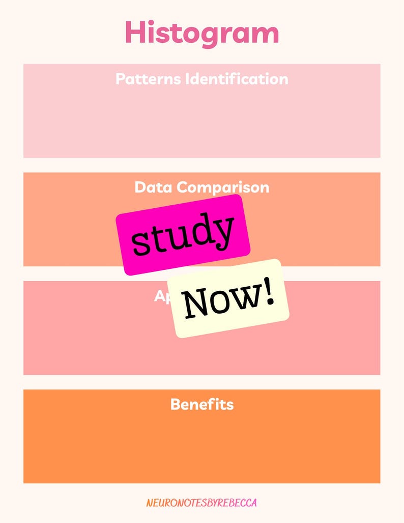 May include: A vertical educational chart titled Histogram with four horizontal sections labeled Patterns Identification, Data Comparison, and Benefits. Two rectangular stickers are layered in the center with the text study and Now! NEURONOTESBYREBECCA is at the bottom.
