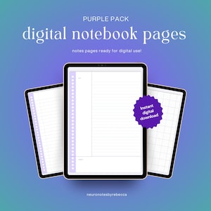 May include: Three digital tablets displaying digital notebook pages. The text on the image reads "PURPLE PACK digital notebook pages notes pages ready for digital use!" A purple badge says "Instant digital download."