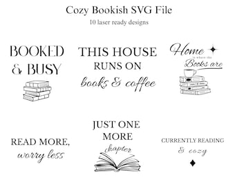 Gemütliches Bücherwurm SVG-Bundle für die Lasergravur | Buch Zitate SVG | Zitate lesen | Glowforge xTool-Dateien | Digitaler Download