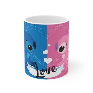 Taza de Stitch y Ángel / Parejas de dibujos animados adorables, opción de nombre personalizado imagen 4