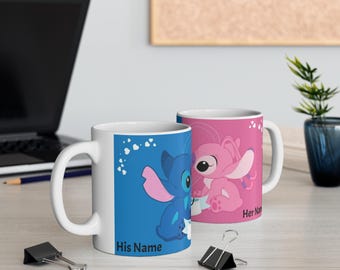 Stitch and Angel Love Mug | Cute Cartoon Couples, Personalized Name Option