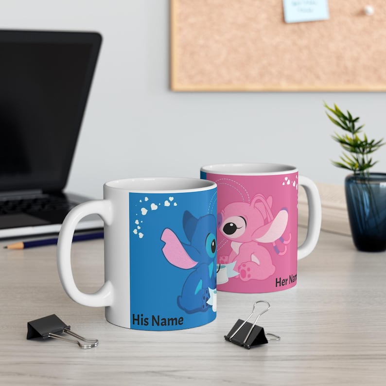 Taza de Stitch y Ángel / Parejas de dibujos animados adorables, opción de nombre personalizado imagen 1
