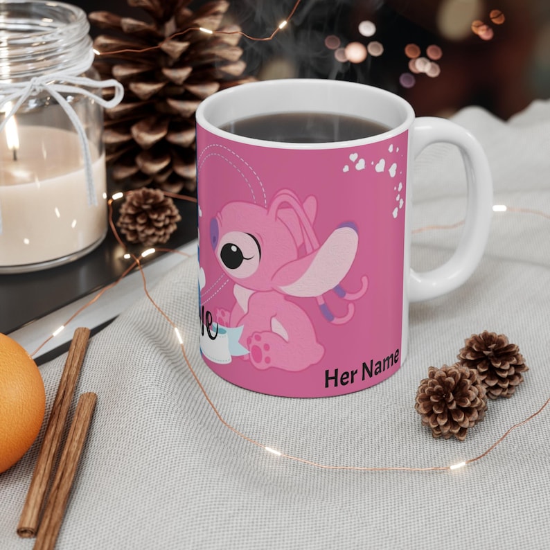 Taza de Stitch y Ángel / Parejas de dibujos animados adorables, opción de nombre personalizado imagen 3