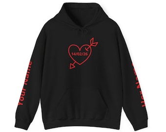 Sudadera unisex con capucha de San Valentín - Corazón - Pareja, novio, novia / Aniversario personalizado y manga con nombre
