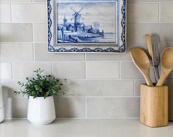 Royal Delft Blue Wall Plate Windmill Scene | Blueware Transfer Print | Dutch Blue and White Decor | Rectangular Delft Plate