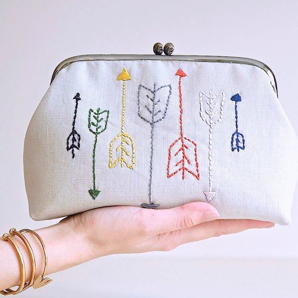 Kiss Lock Purse with Embroidered Colorful Arrows on Linen, Hand Stitched, Gifts for Her, Ready To Ship