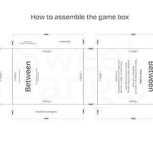 Peut inclure: Diagramme d'assemblage de la boîte du jeu "Between". Fond blanc avec texte noir et lignes pointillées pour les coupes et les pliages. Instructions : "Comment jouer" et "Conversation Cards for Friends".