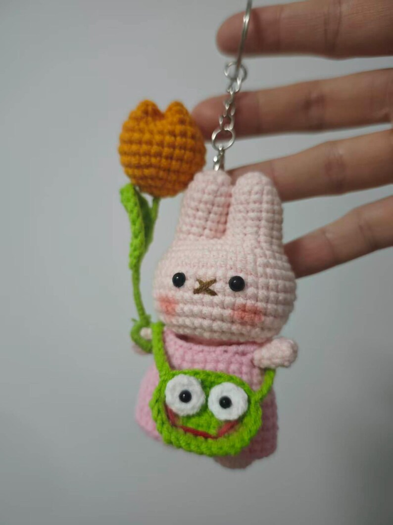 Handmade Crochet Bunny Keychain With Tulip and Frog Bag, Amigurumi ...