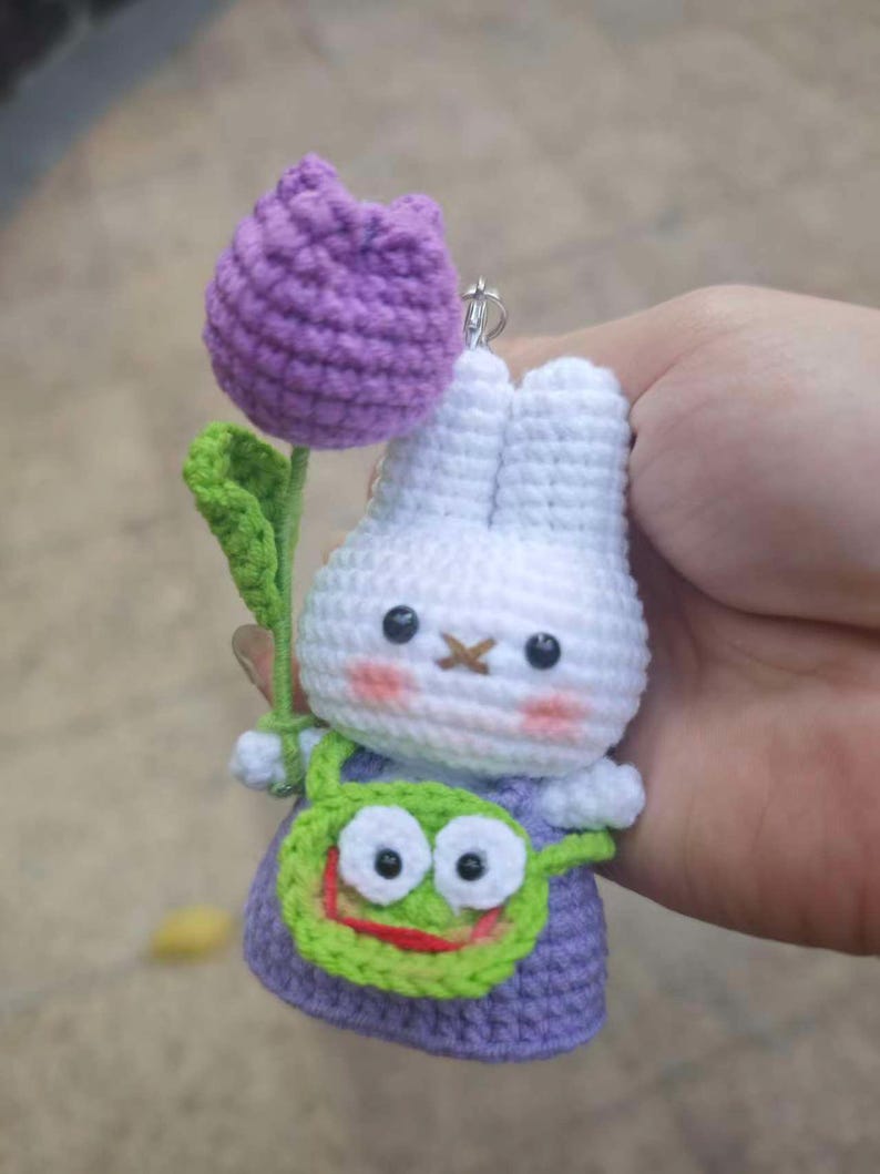 Handmade Crochet Bunny Keychain With Tulip and Frog Bag, Amigurumi ...
