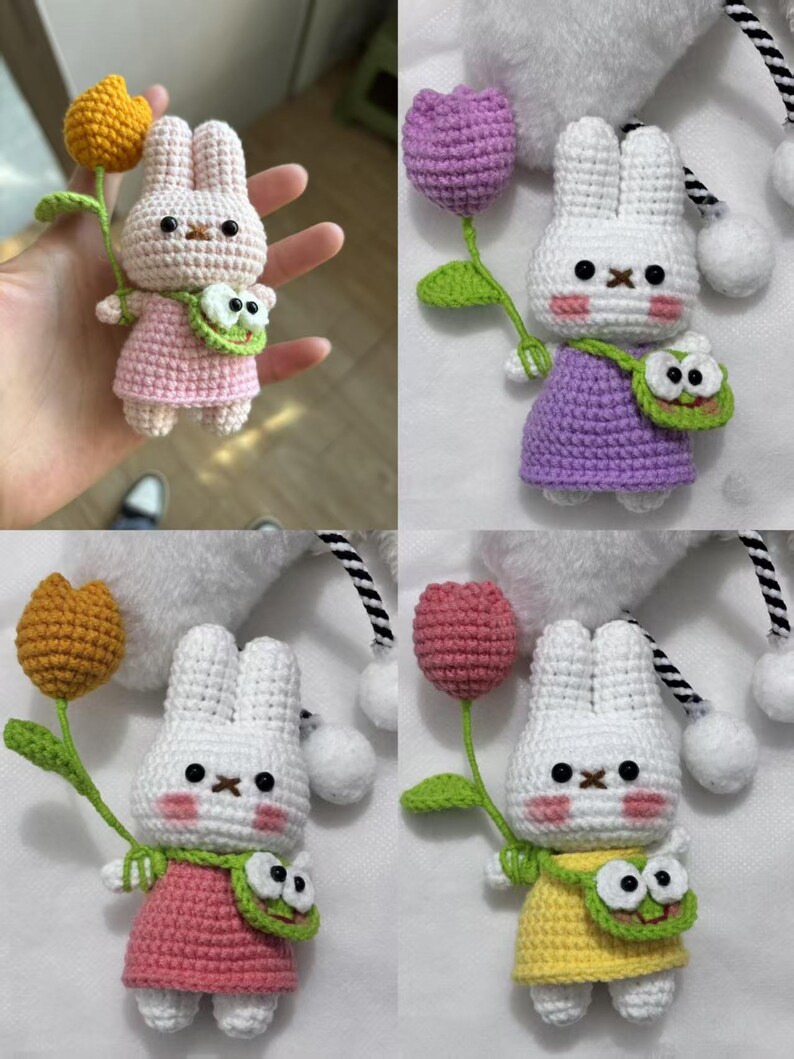 Small Crochet Rabbit Handmade Crochet Bunny Keychain With Tulip and Frog Bag, Amigurumi ...