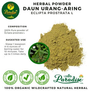 May include: Image of herbal powder labelled "DAUN URANG-ARING ECLIPTA PROSTRATA L." The image includes text about the composition and suggested use. The powder is a light brown colour, with a green circular image of a plant. The product is labelled as 100% organic.