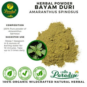 Puede incluir: Primer plano de un polvo herbal, etiquetado como "BAYAM DURI AMARANTHUS SPINOSUS". La imagen incluye texto sobre la composición y el uso sugerido del producto. El polvo es de color verde claro, y la imagen también presenta una hoja verde.