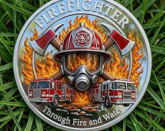 Firefighter Challenge Coin, Fire Dept Tribute Coin, FD Firefighter Gift, Through Fire and Water Coin, Hero First Responder Keepsake