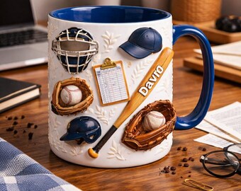 Personalized Baseball Coffee Mug, Custom Name Baseball Player Mug, Baseball Gear Illustration Ceramic Cup, Gift for Baseball Lovers