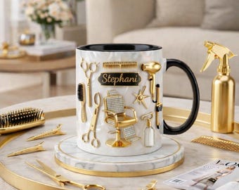 Personalized Hair Stylist Coffee Mug, Custom Name Hairdresser Mug, Salon Tools Illustration Cup, Hairstylist Gift
