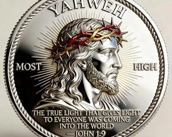 Moneda de Jesucristo Yahvé, moneda con la cruz de la fe cristiana, moneda con el versículo bíblico Juan 1:9, regalo religioso, recuerdo cristiano inspirador.