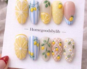 Uñas postizas de limón, uñas de frutas de verano, uñas amarillas y azules, diseño de uñas cítricas, uñas de limón 3D, uñas postizas hechas a mano,