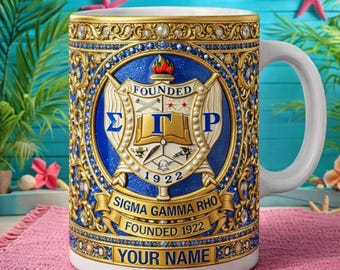 Personalized Sigma Gamma Rho Mug, Custom SGRho Sorority Coffee Cup with Name, Blue Gold Greek Mug, Sigma Gamma Rho Gift