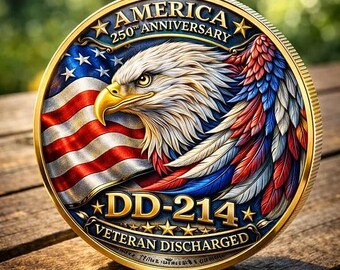 Moneda conmemorativa del 250 aniversario de EE. UU. para veteranos DD-214, moneda con la bandera estadounidense y el águila (1776-2026), regalo para veteranos militares, moneda conmemorativa patriótica