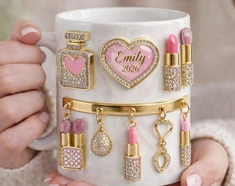 Personalized Name Coffee Mug – Girly Glam Lipstick & Perfume Design – Custom Year Cute Birthday Gift for Her