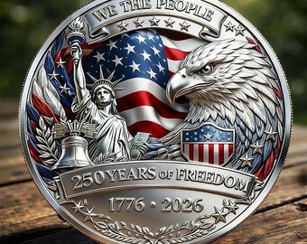 Moneda del 250 aniversario de EE. UU. 1776–2026, moneda con el águila y la campana de la libertad, 250 años de libertad en Estados Unidos, artículo de colección patriótico.