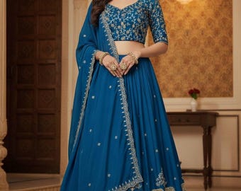 Peacock Blue Silk Lehenga Choli | Embroidered Indian Wedding Outfit