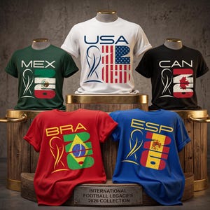 May include: Five short-sleeved t-shirts in white, dark green, black, red, and blue, each featuring a graphic with a country abbreviation, a stylized trophy icon, and the number 26 incorporating the respective national flag design.