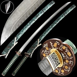 May include: An ornate Japanese katana with a silver blade and a green handle. The handle is wrapped in a diamond pattern. The scabbard is brown with gold floral accents. The blade has a unique pattern.