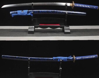 40" handsmidd japansk samurajsvärd äkta katana full tånge vass lerhärdat T10 stållegering tsuba blå saya present till pappa