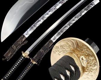 40" handsmidd japansk samurajsvärd äkta katana full tånge vass klinga T10 kolstål med drakegraverad klinga guld drake tsuba